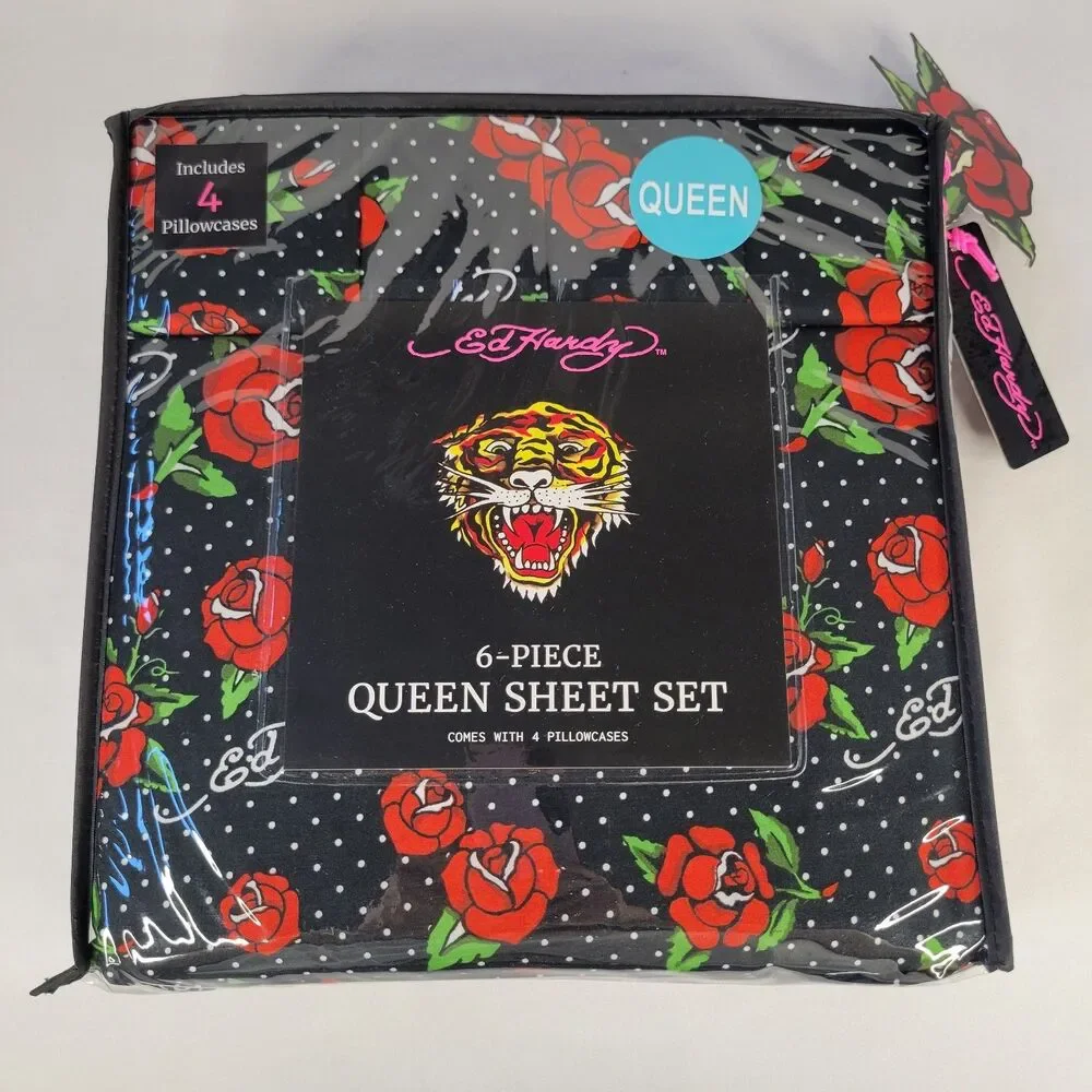 Ed Hardy QUEEN Sheets Set 6pc Black White Polka Dots Red Rose Tattoo Print Signa